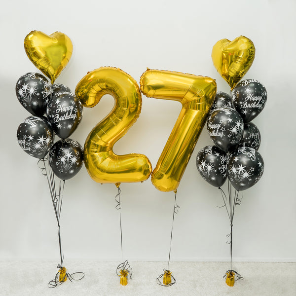 Customizable 27th Birthday Balloon Bouquet | Gold and Black Balloons Combo