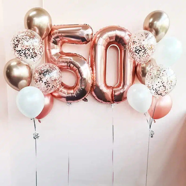 Customizable Rose Gold & Confetti 50th Birthday Helium Balloon Set - Any Age