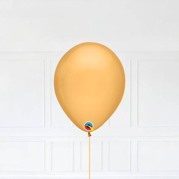 Gold color Latex balloon inflated with helium and a matching with 1.5 meter ribbon