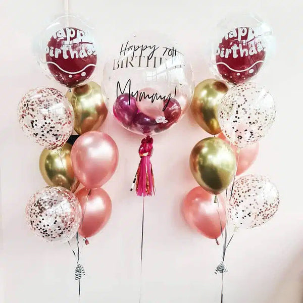 Personalized Gold, Pink, & Confetti Helium Balloon Bouquet with Custom Text