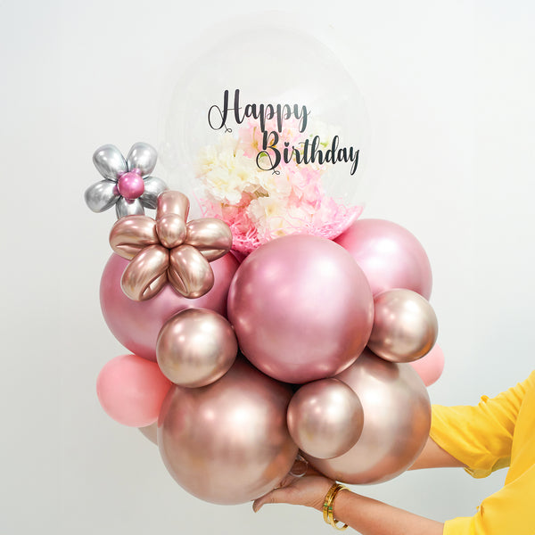 Customized Balloons Pink and Silver Floral Design for Happy Birthday