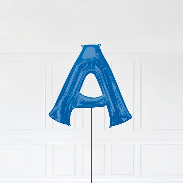 Letter A Foil Balloon Inflated With Helium, Blue Color Letter A with Balloon String and Balloon Weight.