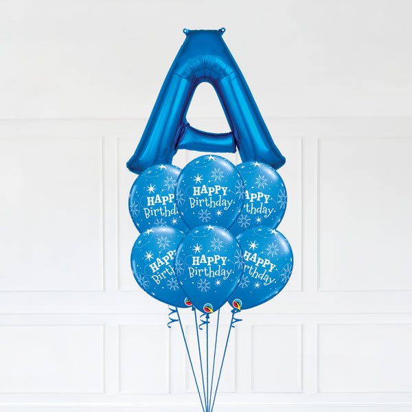 Customizable Letter A Balloon Bouquet Blue Micro Foil Balloon with Happy Birthday Latex Balloons