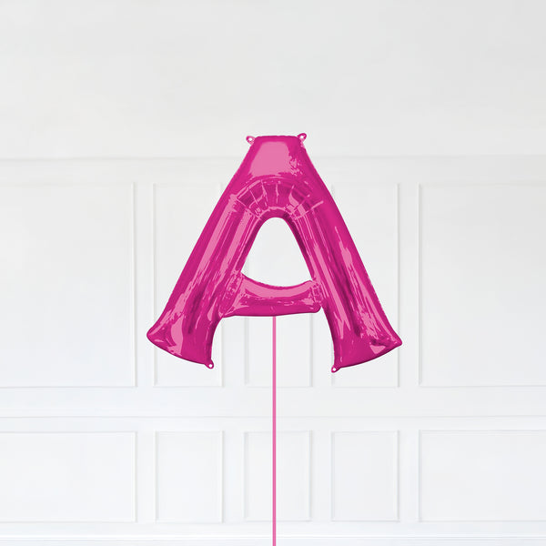 Letter A Foil Balloon Inflated With Helium, Pink Color Letter A with Balloon String and Balloon Weight.