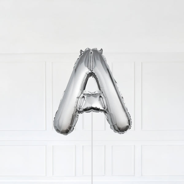 Letter A Foil Balloon Inflated With Helium, Silver Color Letter A with Balloon String and Balloon Weight.