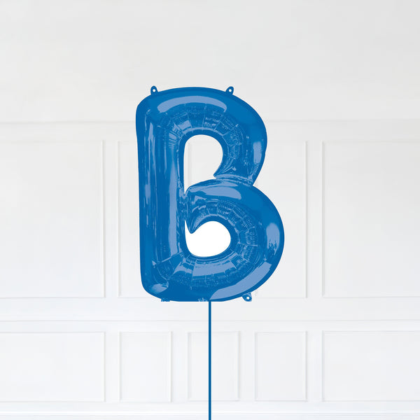 Letter B Foil Balloon Inflated With Helium, Blue Color Letter B with Balloon String and Balloon Weight.