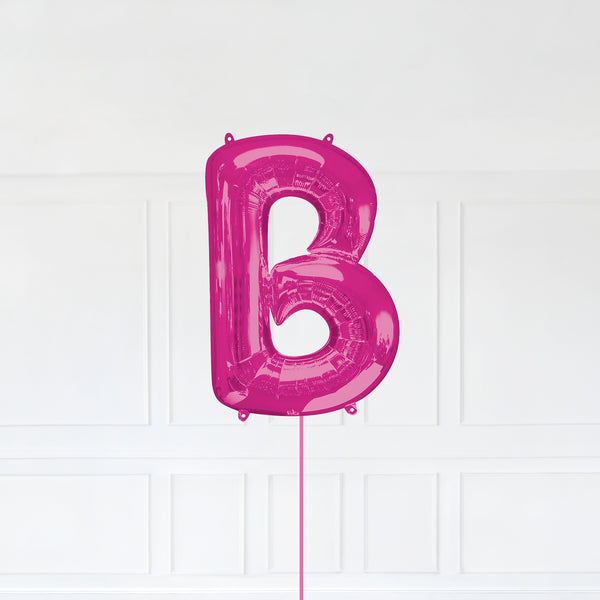 Letter B Foil Balloon Inflated With Helium, Pink Color Letter B with Balloon String and Balloon Weight.