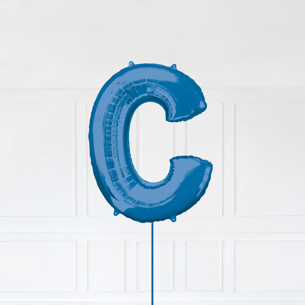 Letter C Foil Balloon Inflated With Helium, Blue Color Letter C with Balloon String and Balloon Weight.