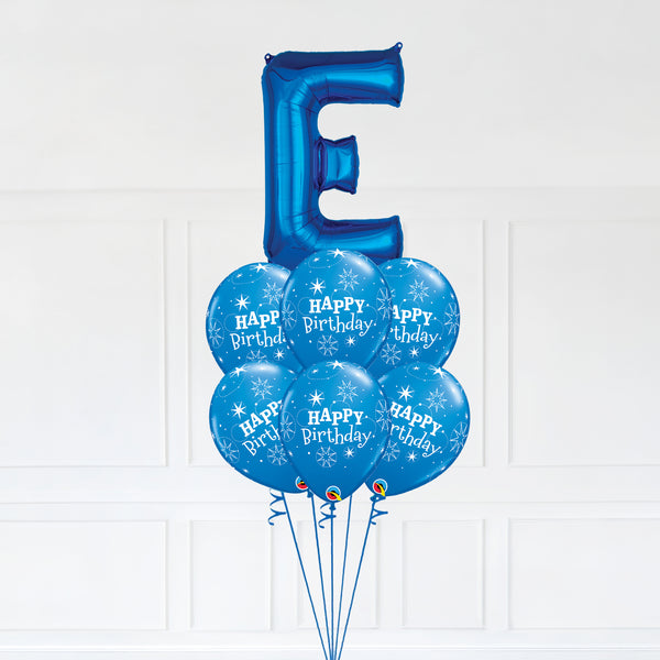 Customizable Letter E Balloon Bouquet Blue Micro Foil Balloon with Happy Birthday Latex Balloons