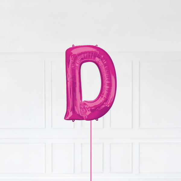 Letter D Foil Balloon Inflated With Helium, Pink Color Letter D with Balloon String and Balloon Weight.