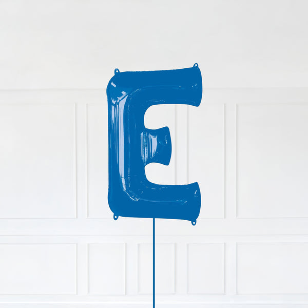 Letter E Foil Balloon Inflated With Helium, Blue Color Letter E with Balloon String and Balloon Weight.