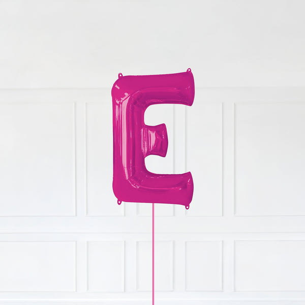 Letter E Foil Balloon Inflated With Helium, Pink Color Letter E with Balloon String and Balloon Weight.