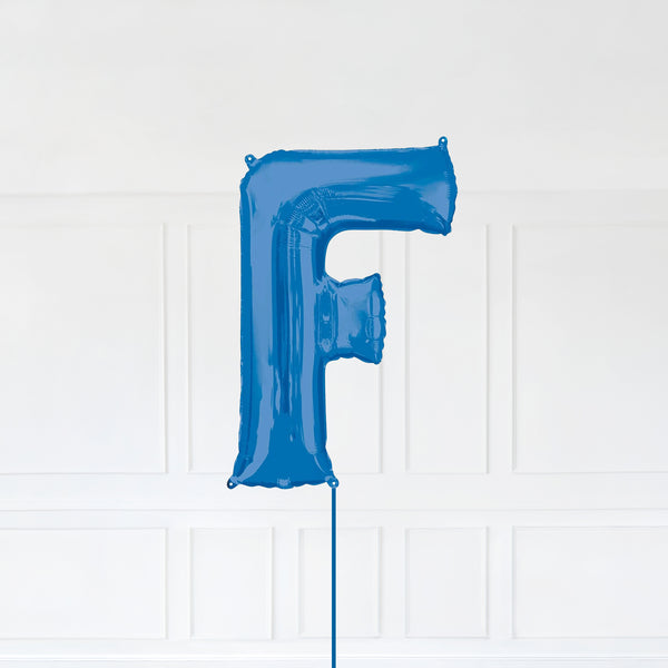 Letter F Foil Balloon Inflated With Helium, Blue Color Letter F with Balloon String and Balloon Weight.