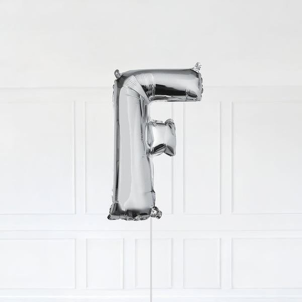 Letter F Foil Balloon Inflated With Helium, Silver Color Letter F with Balloon String and Balloon Weight.