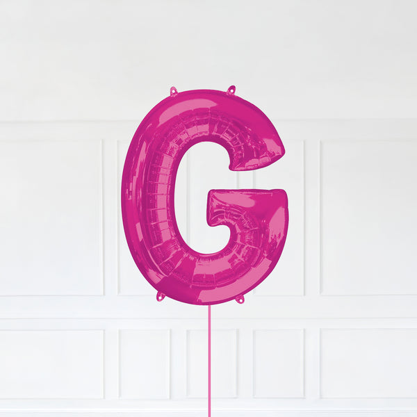 Letter G Foil Balloon Inflated With Helium, Pink Color Letter G with Balloon String and Balloon Weight.