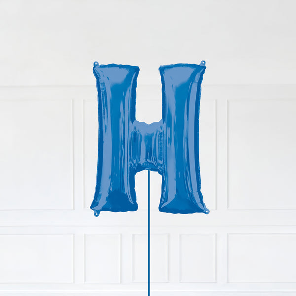 Letter H Foil Balloon Inflated With Helium, Blue Color Letter H with Balloon String and Balloon Weight.