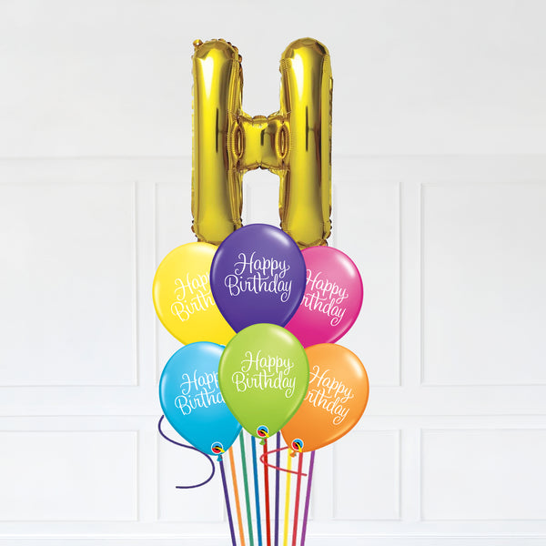 Customizable Letter H Balloon Bouquet Gold Micro Foil Balloon with Happy Birthday Latex Balloons