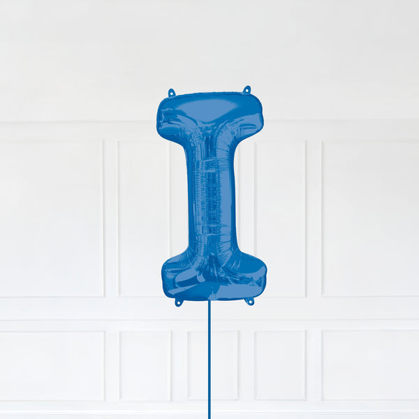 Letter I Foil Balloon Inflated With Helium, Blue Color Letter I with Balloon String and Balloon Weight.