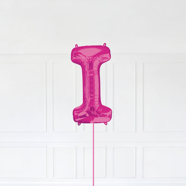 Letter I Foil Balloon Inflated With Helium, Pink Color Letter I with Balloon String and Balloon Weight.