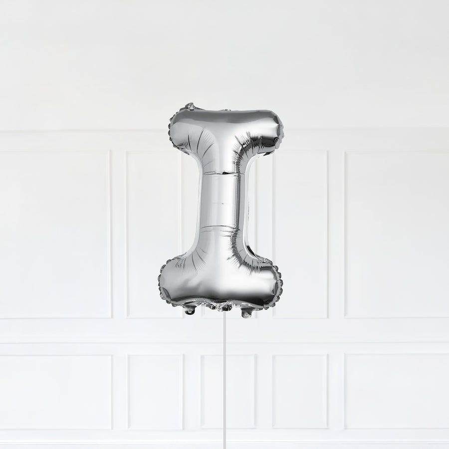 Letter I Foil Balloon Inflated With Helium, Silver Color Letter I with Balloon String and Balloon Weight.