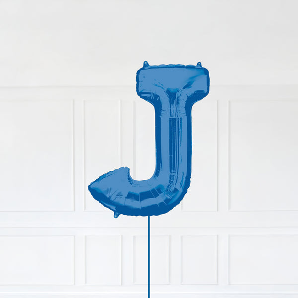 Letter J Foil Balloon Inflated With Helium, Blue Color Letter J with Balloon String and Balloon Weight.