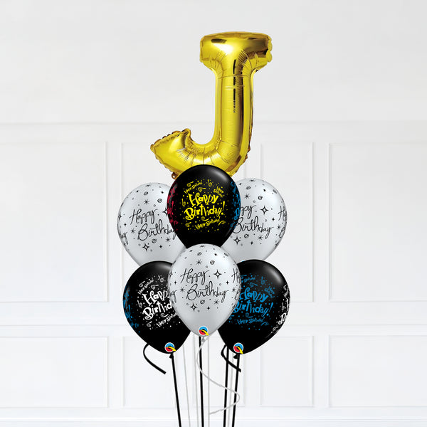 Customizable Letter J Balloon Bouquet Gold Micro Foil Balloon with Happy Birthday Latex Balloons