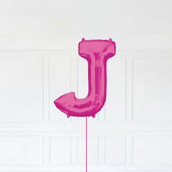 Letter J Foil Balloon Inflated With Helium, Pink Color Letter J with Balloon String and Balloon Weight.