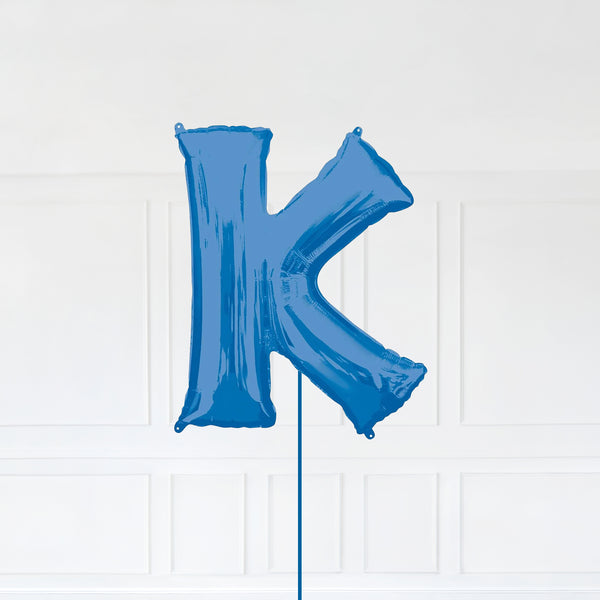 Letter K Foil Balloon Inflated With Helium, Blue Color Letter K with Balloon String and Balloon Weight.