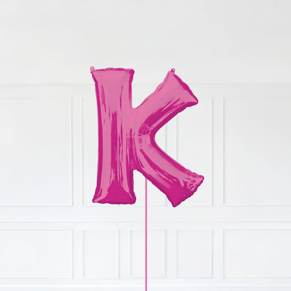 Letter K Foil Balloon Inflated With Helium, Pink Color Letter K with Balloon String and Balloon Weight.