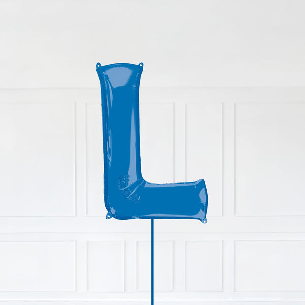 Letter L Foil Balloon Inflated With Helium, Blue Color Letter L with Balloon String and Balloon Weight.