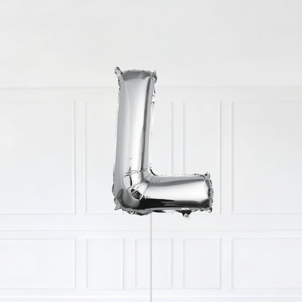 Letter L Foil Balloon Inflated With Helium, Silver Color Letter L with Balloon String and Balloon Weight.