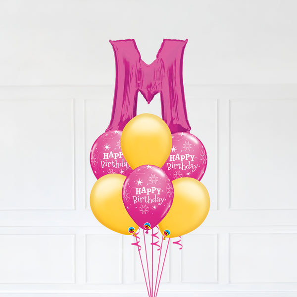 Customizable Letter M Balloon Bouquet Pink Micro Foil Balloon with Happy Birthday Latex Balloons