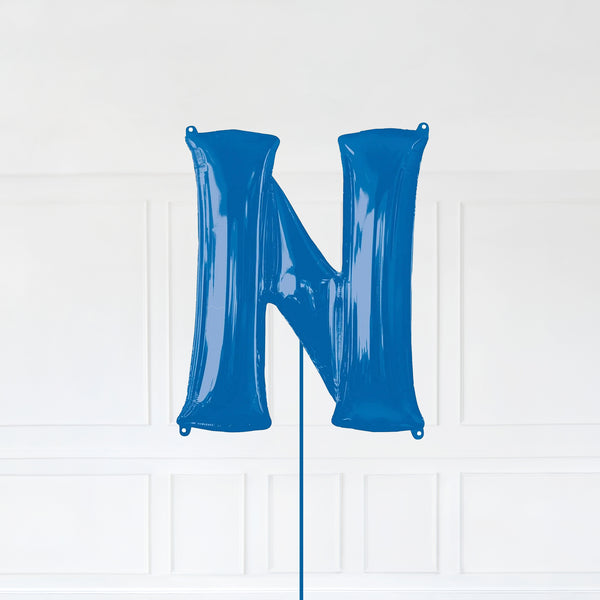 Letter N Foil Balloon Inflated With Helium, Blue Color Letter N with Balloon String and Balloon Weight.