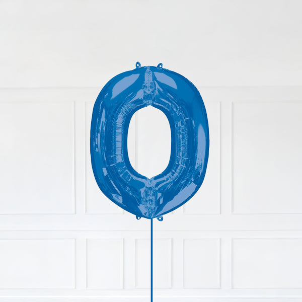 Letter O Foil Balloon Inflated With Helium, Blue Color Letter O with Balloon String and Balloon Weight.