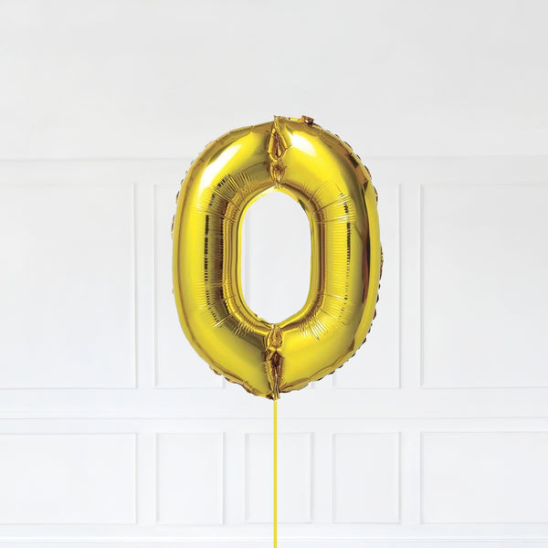 Letter O Foil Balloon Inflated With Helium, Gold Color Letter O with Balloon String and Balloon Weight.