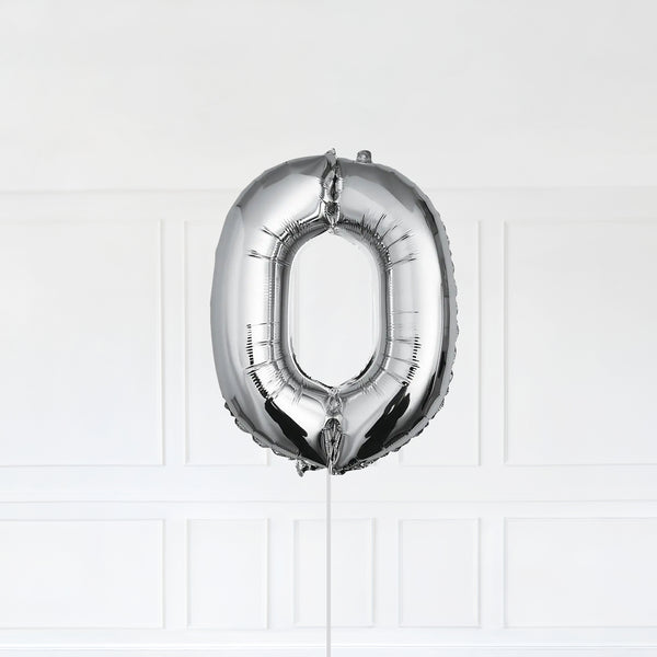 Letter O Foil Balloon Inflated With Helium, Silver Color Letter O with Balloon String and Balloon Weight.