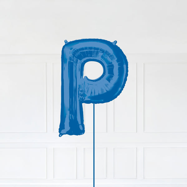 Letter P Foil Balloon Inflated With Helium, Blue Color Letter P with Balloon String and Balloon Weight.