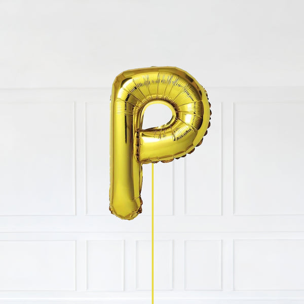 Letter P Foil Balloon Inflated With Helium, Gold Color Letter P with Balloon String and Balloon Weight.