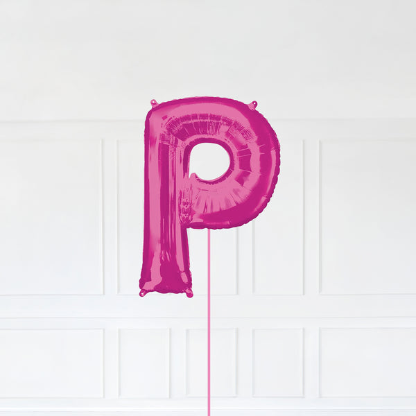 Letter P Foil Balloon Inflated With Helium, Pink Color Letter P with Balloon String and Balloon Weight.