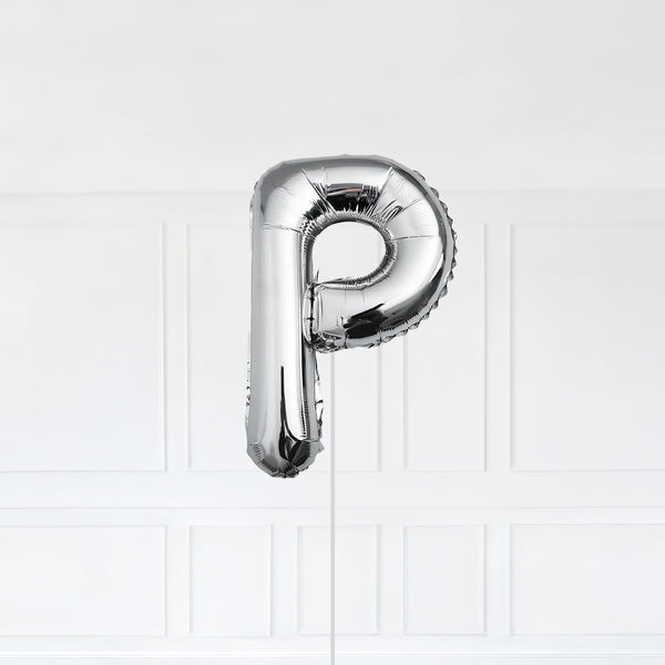 Letter P Foil Balloon Inflated With Helium, Silver Color Letter P with Balloon String and Balloon Weight.