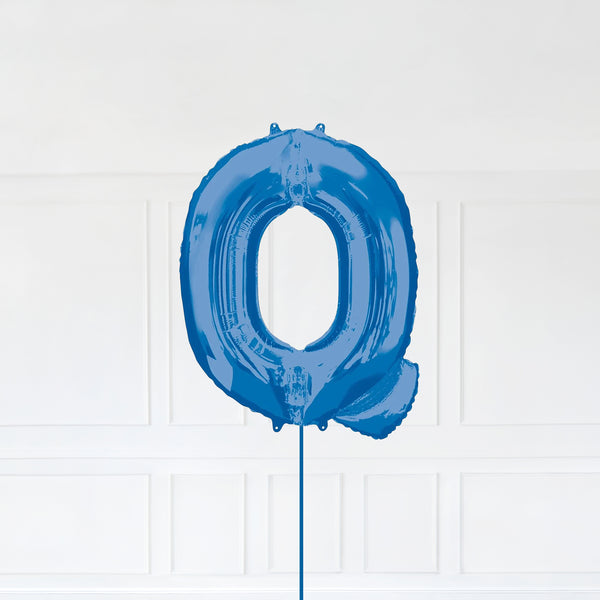 Letter Q Foil Balloon Inflated With Helium, Blue Color Letter Q with Balloon String and Balloon Weight.