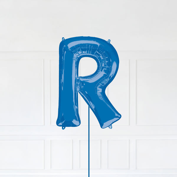 Letter R Foil Balloon Inflated With Helium, Blue Color Letter R with Balloon String and Balloon Weight.