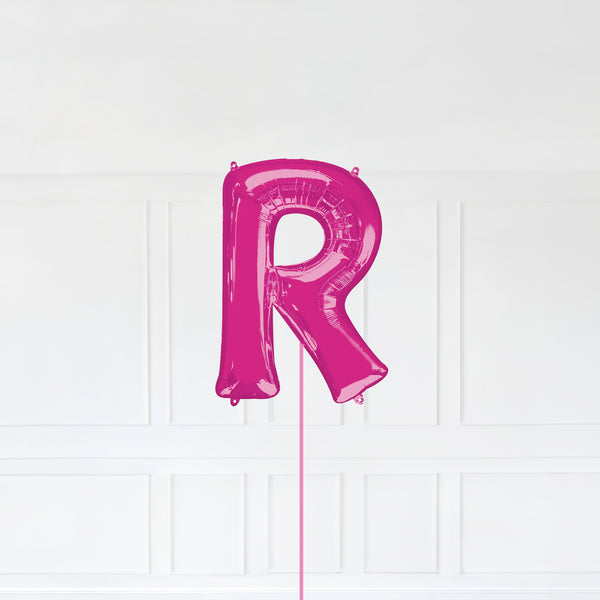 Letter R Foil Balloon Inflated With Helium, Pink Color Letter R with Balloon String and Balloon Weight.