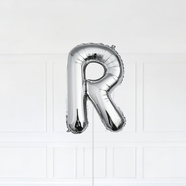 Letter R Foil Balloon Inflated With Helium, Silver Color Letter R with Balloon String and Balloon Weight.