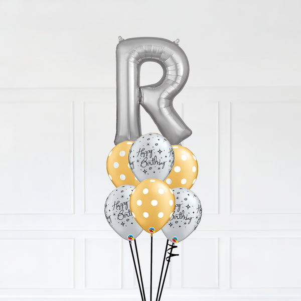 Customizable Letter R Balloon Bouquet Silver Micro Foil Balloon with Happy Birthday Latex Balloons