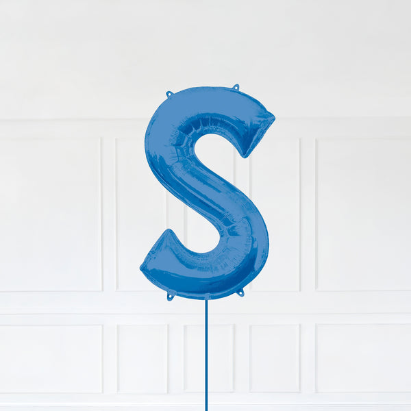 Letter S Foil Balloon Inflated With Helium, Blue Color Letter S with Balloon String and Balloon Weight.