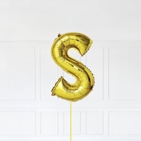 Letter S Foil Balloon Inflated With Helium, Gold Color Letter S with Balloon String and Balloon Weight.