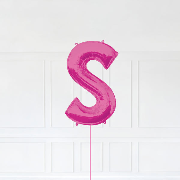 Letter S Foil Balloon Inflated With Helium, Pink Color Letter S with Balloon String and Balloon Weight.