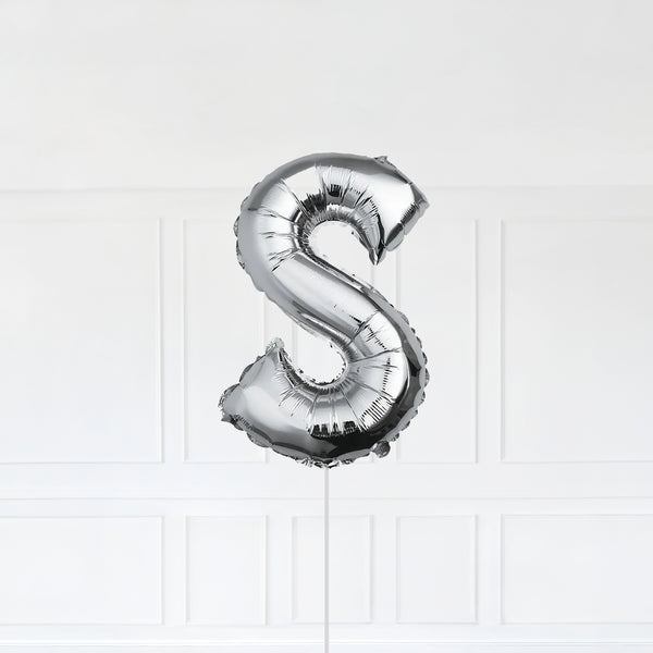 Letter S Foil Balloon Inflated With Helium, Silver Color Letter S with Balloon String and Balloon Weight.