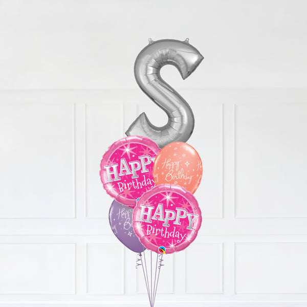 Customizable Letter S Balloon Bouquet Silver Micro Foil Balloon with Happy Birthday Latex Balloons